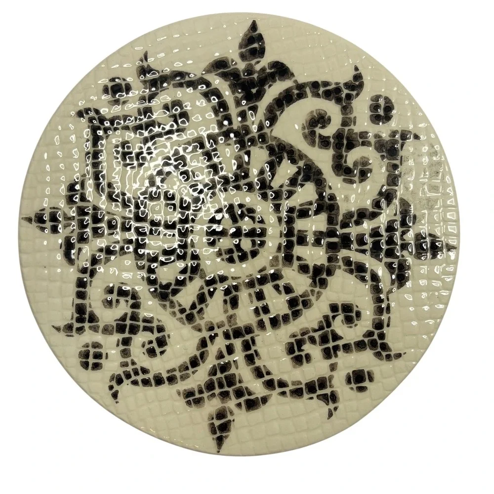 Duro Portugal Ceramic Trivet Cork Backed Black Cream Mosaic Damask 6.75 Inch